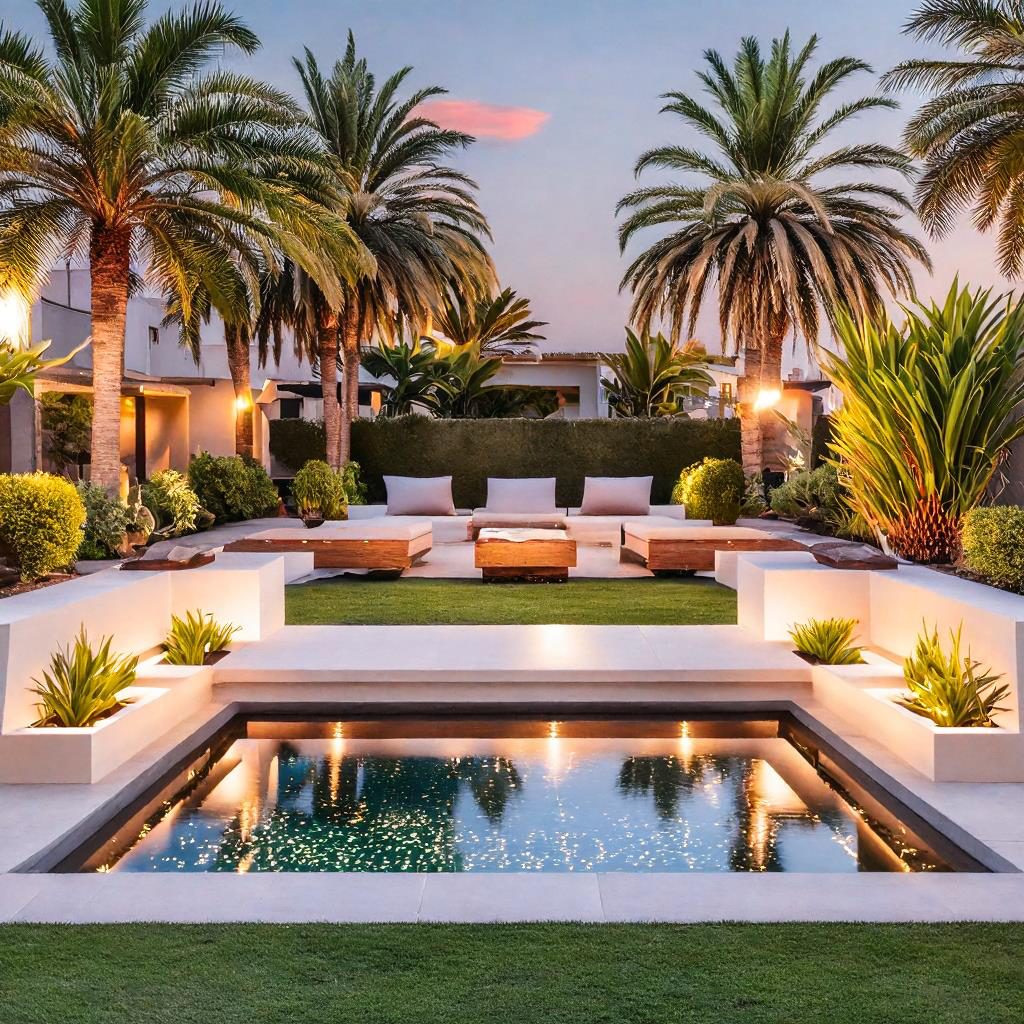 HST Architects landscaped villa terrace in Dubai at dusk, with built-in seating, uplit palms and warm concealed lighting