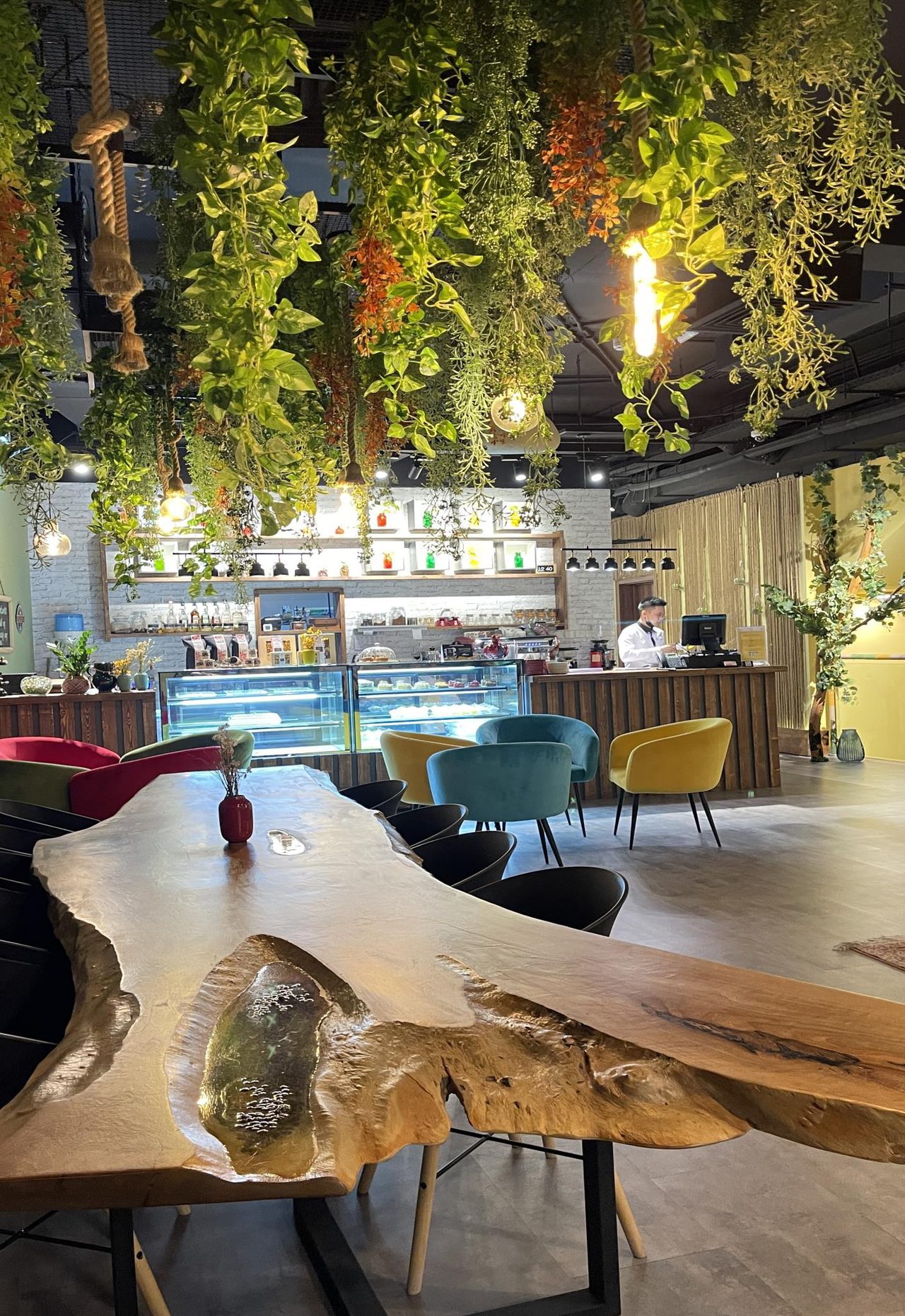 Art café interior with a suspended greenery canopy and live-edge timber tables