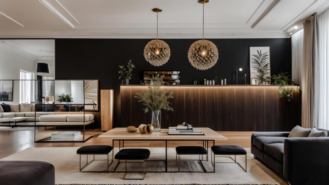 Furniture showroom with vignette settings, pendant lighting and a dark feature wall