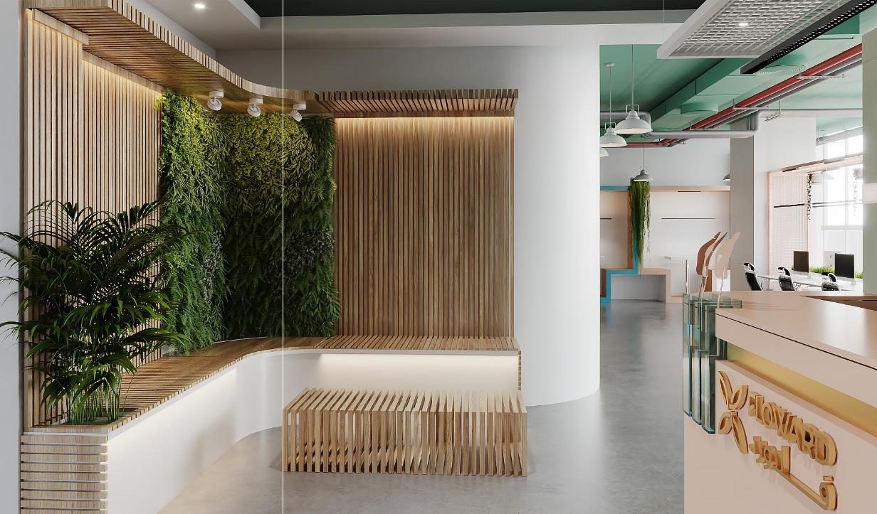 Floward office reception with a living green wall and timber slat screening