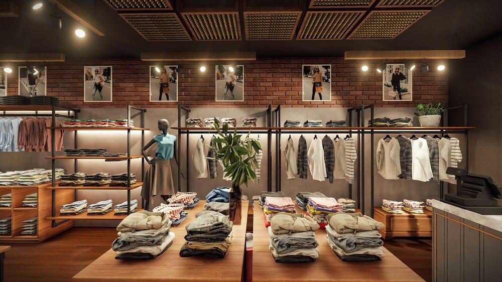 Retail display run with timber shelving and integrated lighting