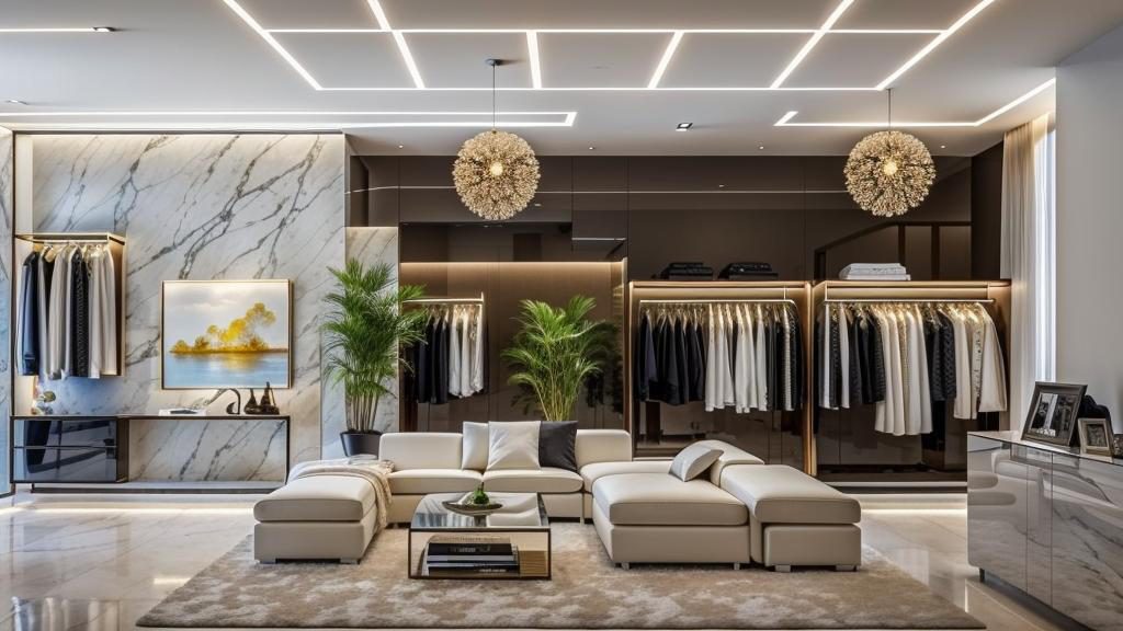 Fashion showroom with marble flooring, brushed gold detailing and lounge seating