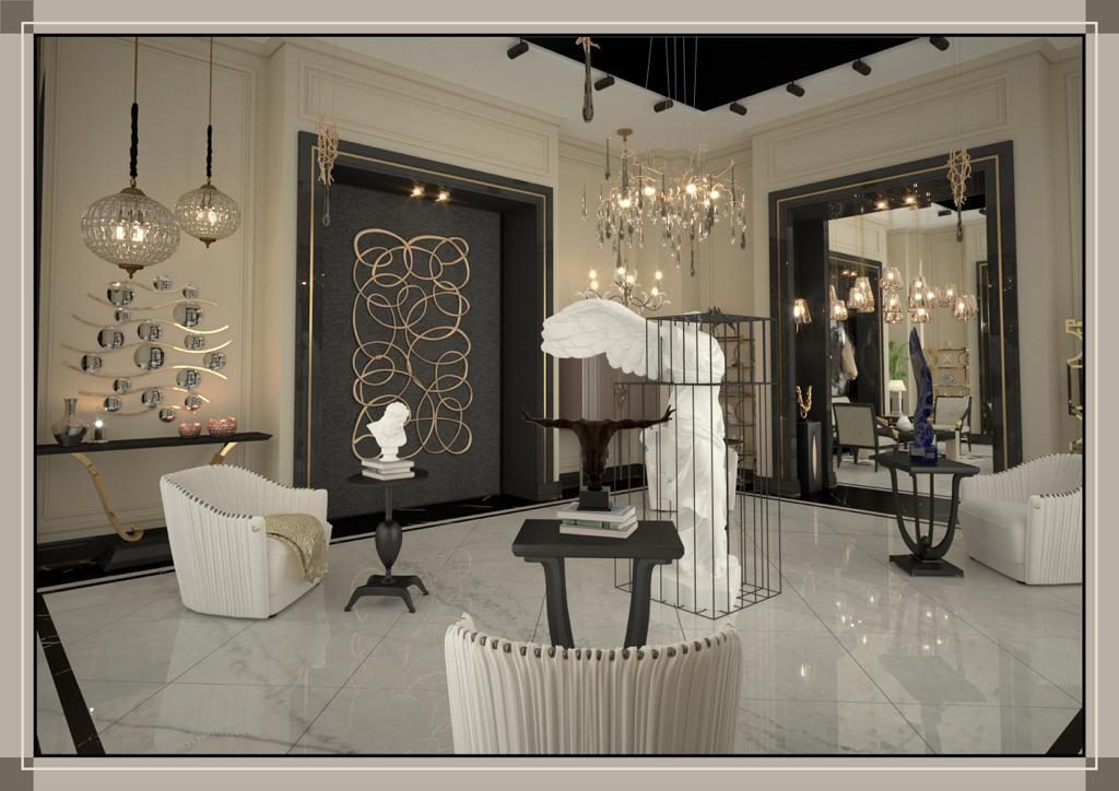 Gallery interior with sculptural display plinths and pendant lighting