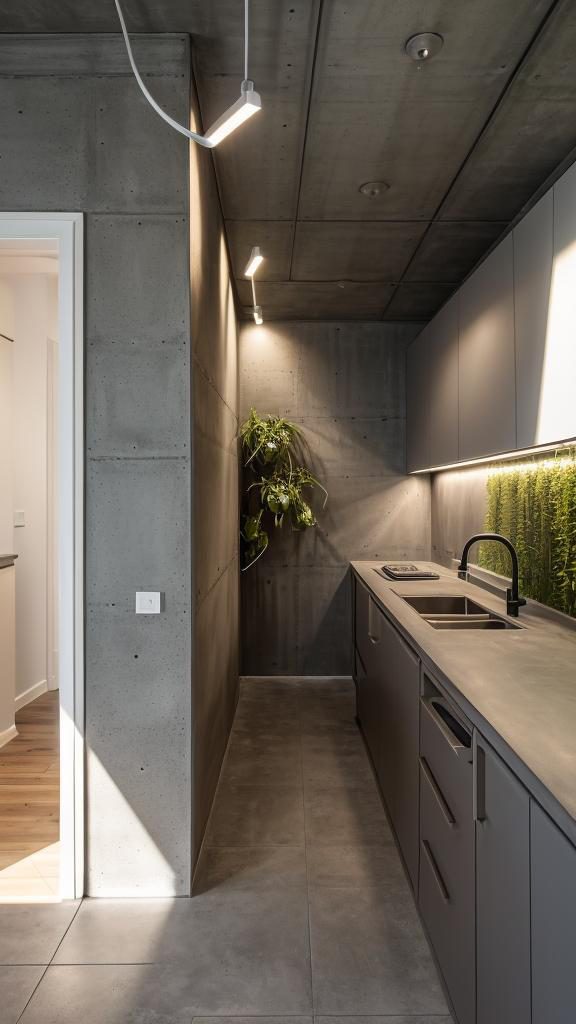 Penthouse kitchen with stone surfaces, dark joinery and concealed lighting