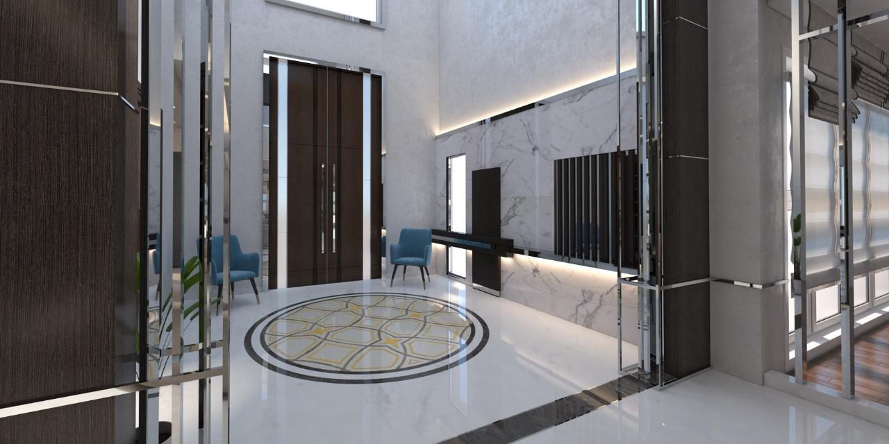 Villa interior with marble flooring and a double-height void
