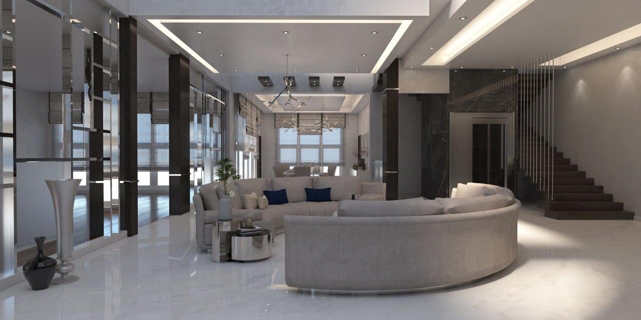 Contemporary living room with a curved sculptural sofa and marble detailing