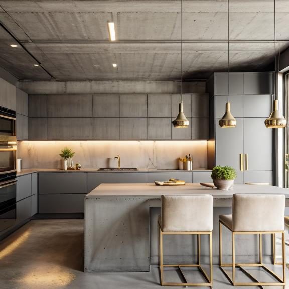 Kitchen with a stone island, brass pendants and handleless cabinetry