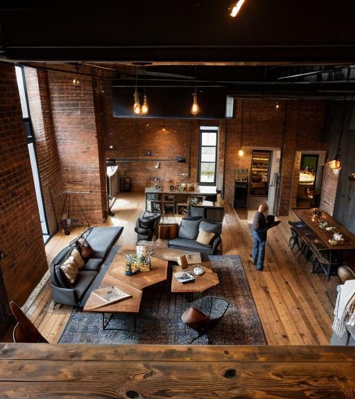 Loft-style living area with exposed brick, timber floors and linear seating