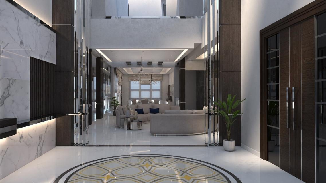 Marble entrance lobby with symmetrical joinery and an inlaid stone floor
