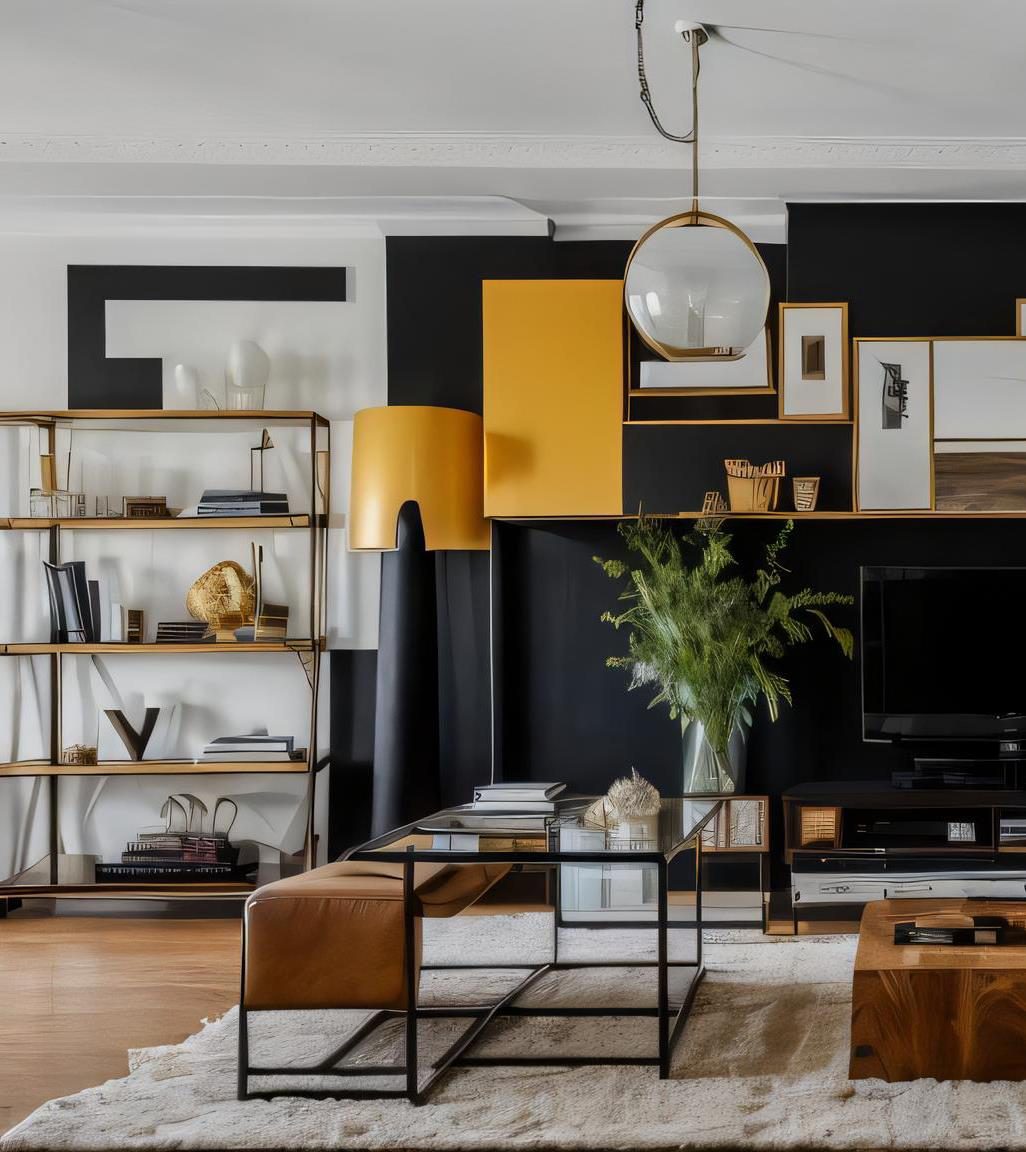 Styled living room with open shelving, layered textiles and warm accent lighting