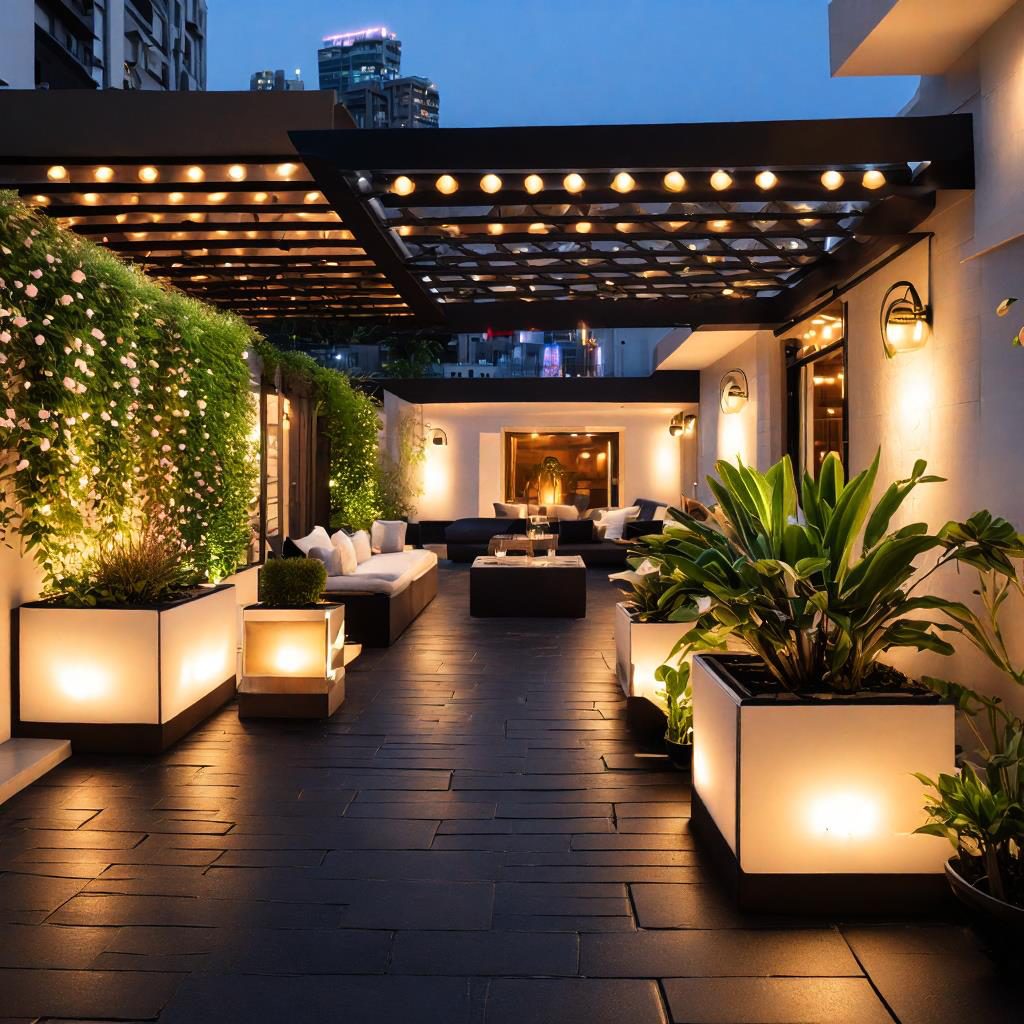 Roof terrace lounge framed by planting and warm concealed lighting at night
