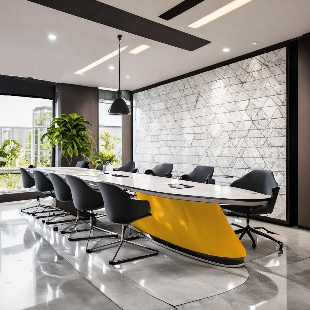 Completed Dubai boardroom fit-out with a sculptural table and full-height glazing