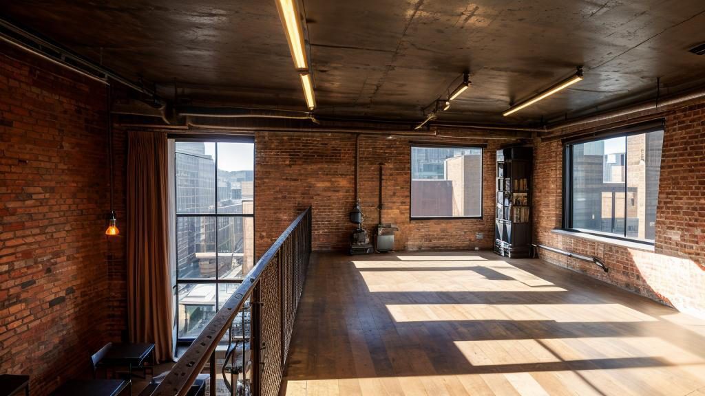Converted loft office with exposed brick, black steel framing and warm timber floors