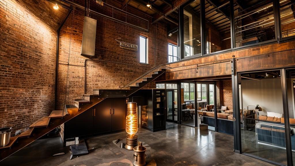 Feature steel-and-timber staircase inside a converted industrial space